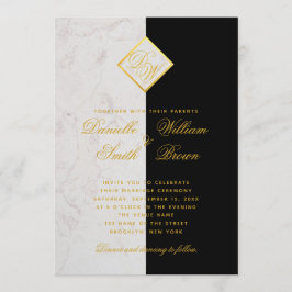 Schwarz-weißes Marmormongram Gold Elegante Hochzei Einladung