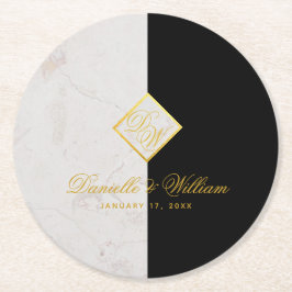 Schwarz-weißes Marmormongram Gold Elegante Hochzei Runder Pappuntersetzer