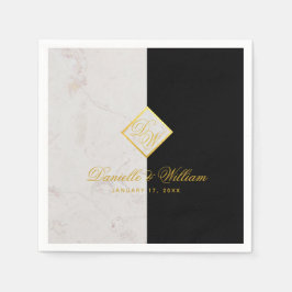 Schwarz-weißes Marmormongram Gold Elegante Hochzei Serviette