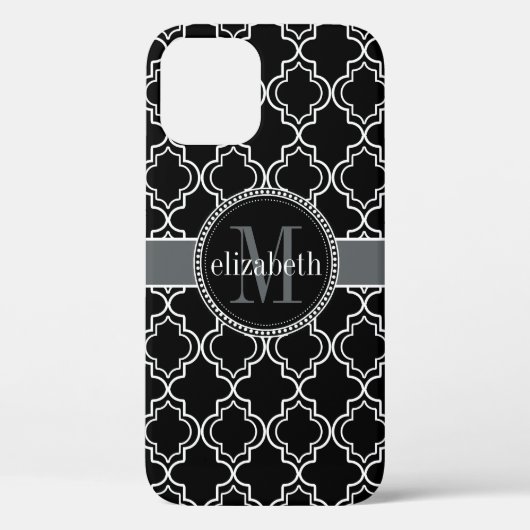 Schwarz-weißes Marokkaner Quatrefoil Monogramm Case-Mate iPhone Hülle (Rückseite)