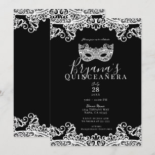 Schwarz-weißes Maskenball-Quinceañera-Jubiläum zum Einladung