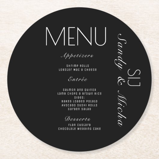 Schwarz-weißes Menü für Hochzeiten mit einfachem S Runder Pappuntersetzer (Vorderseite)