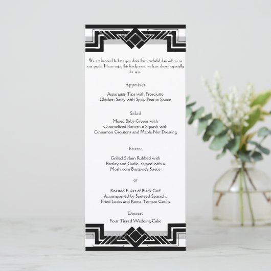 Schwarz-weißes Menü mit Silver Art Deco Rahmen Menükarte (Stehend Vorderseite)