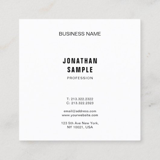 Schwarz-weißes minimalistisches Design Elegant Mod Quadratische Visitenkarte (Rückseite)