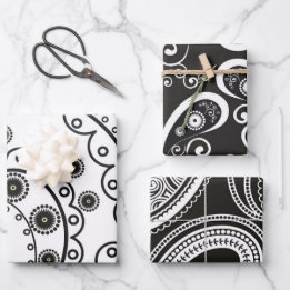 Schwarz-weißes Minimalistisches Paisley Geschenkpapier Set