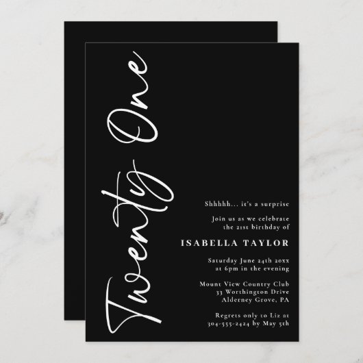 Schwarz-weißes Minimalistisches Skript 21. Geburts Einladung (Vorne/Hinten)