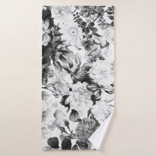 Schwarz-weißes modernes Watercolorland mit Blumen Badehandtuch