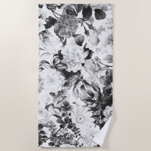 Schwarz-weißes modernes Watercolorland mit Blumen Strandtuch