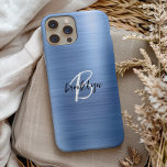 Schwarz-weißes Monogramm aus blaugegossenem Metall Case-Mate iPhone Hülle<br><div class="desc">Dieses elegante personalisierte Handy verfügt über ein Monogramm und einen Vornamen in modernem Schwarz-Weiß-Script auf einem angesagten,  blau gebürsteten Metallhintergrund.</div>