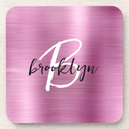 Schwarz-weißes Monogramm aus rosa gebürstetem Meta Getränkeuntersetzer