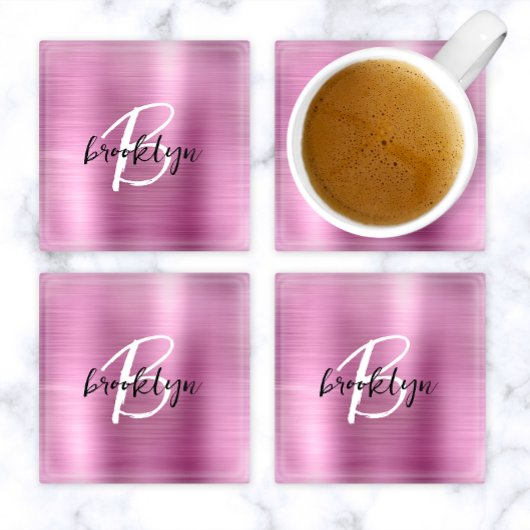 Schwarz-weißes Monogramm aus rosa gebürstetem Meta Glasuntersetzer