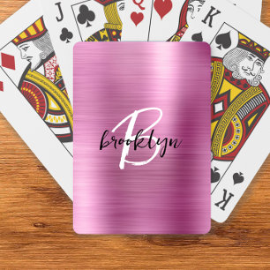 Schwarz-weißes Monogramm aus rosa gebürstetem Meta Spielkarten