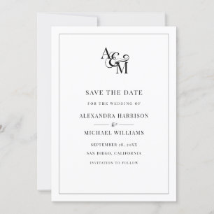 Schwarz-weißes Monogramm Einfache Elegante Moderne Save The Date