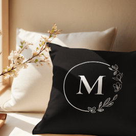 Schwarz-weißes Monogramm Floral personalisiert Kissen