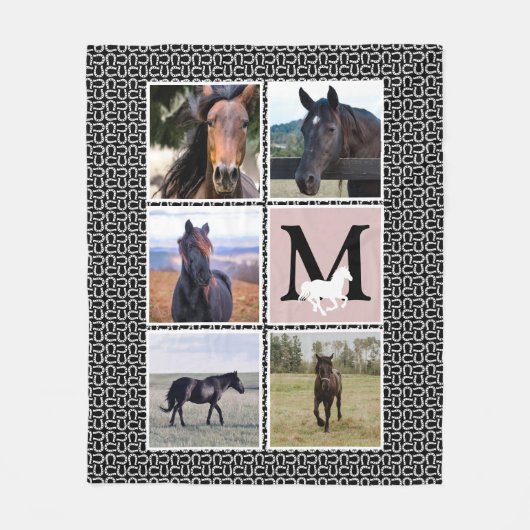 Schwarz-weißes Monogramm Horse-Foto Fleecedecke (Vorderseite)
