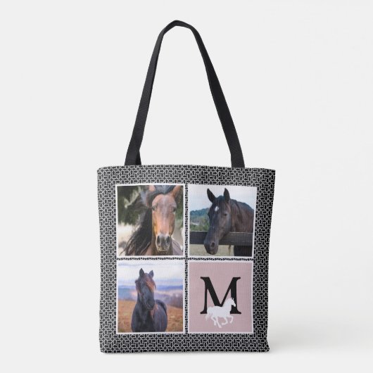 Schwarz-weißes Monogramm Horse-Foto Tasche (Rückseite)
