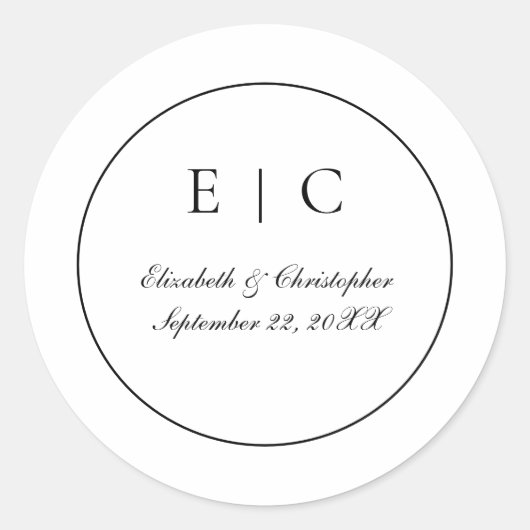 Schwarz-weißes Monogramm-Skript Traditionelle Hoch Runder Aufkleber (Vorderseite)
