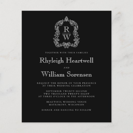 Schwarz-weißes Monogramm Wappen QR Code Hochzeit (Vorderseite)