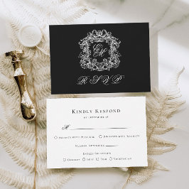 Schwarz-weißes Monogrammwappen Elegante Hochzeit RSVP Karte