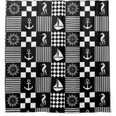 Schwarz-weißes nautisches Patchwork-Muster Duschvorhang (Vorderseite)