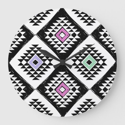 Schwarz-weißes Navajo Muster Große Wanduhr (Vorderseite)