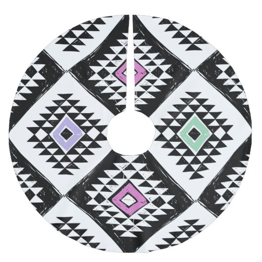 Schwarz-weißes Navajo Muster Polyester Weihnachtsbaumdecke (Vorderseite)