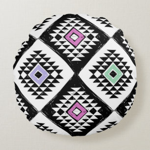 Schwarz-weißes Navajo Muster Rundes Kissen