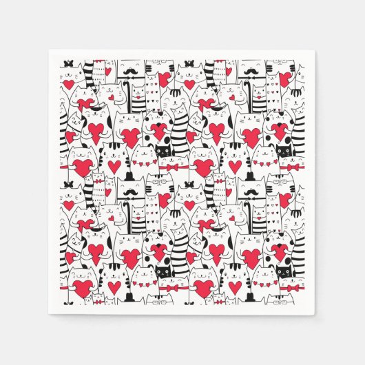 Schwarz-weißes Niedliches Katzen Rotes Herz Serviette (Vorderseite)