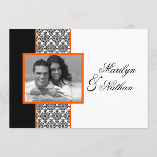 Schwarz-weißes Orange Damask Foto Hochzeitsempfang Einladung