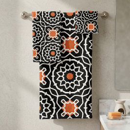 Schwarz-weißes Orange-marokkanisches geometrisches Badhandtuch Set