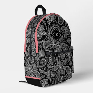 Schwarz-weißes Paisley-Muster, rosa Akzente, Monog Bedruckter Rucksack