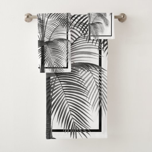 Schwarz-weißes Palm Tree Monogram Tropical Elegant Badhandtuch Set (Insitu)