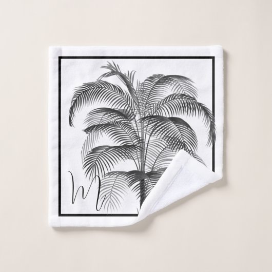 Schwarz-weißes Palm Tree Monogram Tropical Elegant Badhandtuch Set (Waschlappen)
