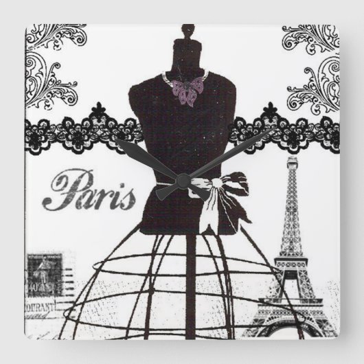 Schwarz-weißes Paris-Mode-Mannequin Quadratische Wanduhr (Vorderseite)