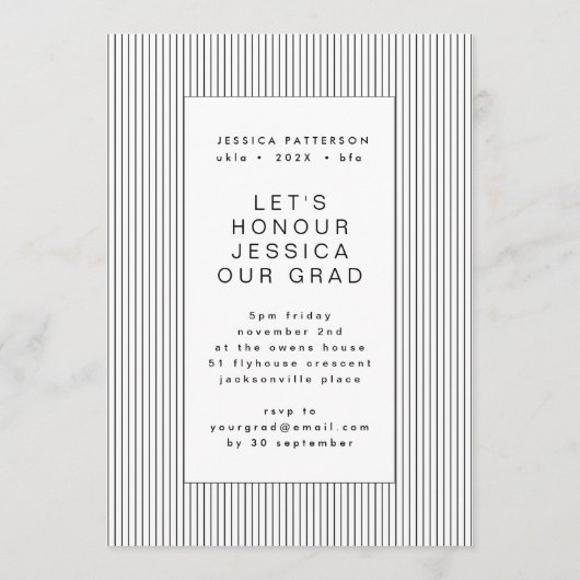 Schwarz-weißes Party Graduate Editable Abschluss Ankündigung (Rückseite)