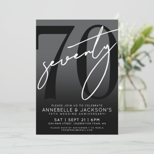 Schwarz-weißes Party zum 70. Jubiläum Einladung (Stehend Vorderseite)