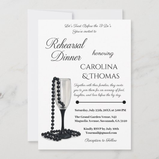 Schwarz-weißes Pearl Champagne Probe Dinner Einladung (Vorderseite)