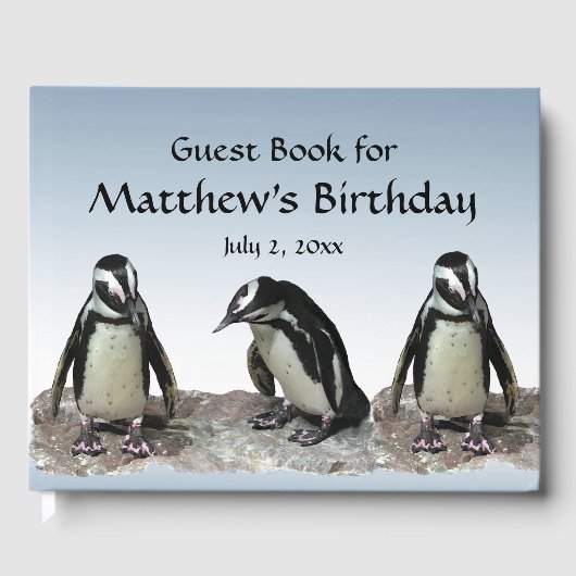 Schwarz-weißes Penguin Bird Birthday Party Gästebu Gästebuch (Vorderseite)