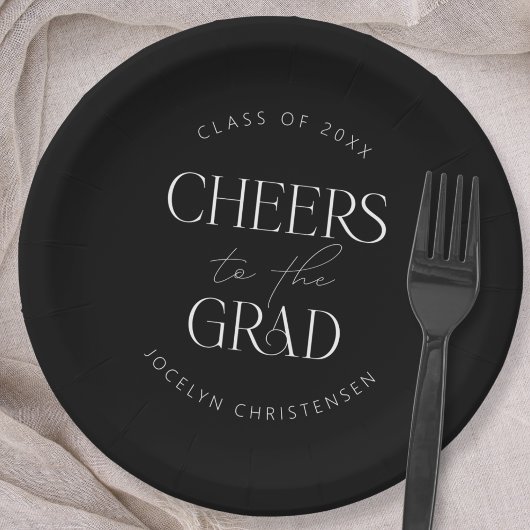 Schwarz-weißes Personalisiertes Cheers Grad Party Pappteller