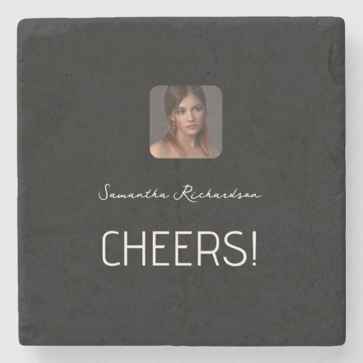 Schwarz-weißes Personalisiertes Foto Name Script Steinuntersetzer (Vorderseite)