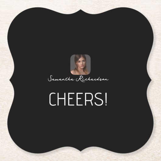 Schwarz-weißes Personalisiertes Foto Name Script Untersetzer (Vorderseite)