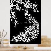 Schwarz-weißes Pfau- und Kirschblütenposter Poster (Küche)