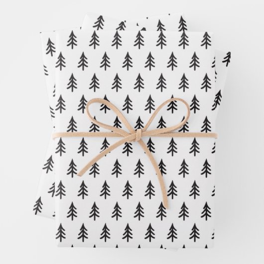 Schwarz-weißes Pine Tree Weihnachtswrapping Papier (Beispiel)