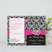 Schwarz-weißes Pink Damask Herz-Hochzeitsprogramm (Stehend Vorderseite)