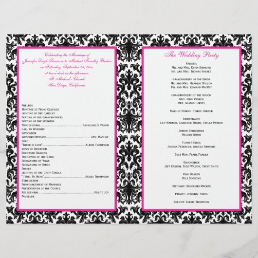 Schwarz-weißes Pink Damask Herz-Hochzeitsprogramm (Rückseite)