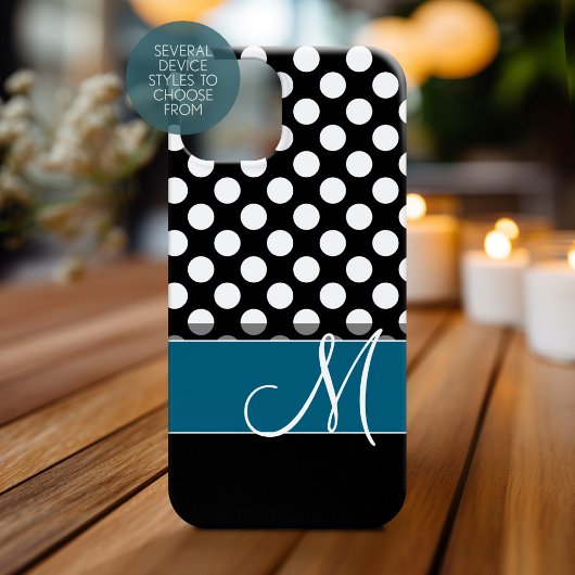 Schwarz-weißes Polka Dot Muster Blaues Monogramm Case-Mate iPhone Hülle