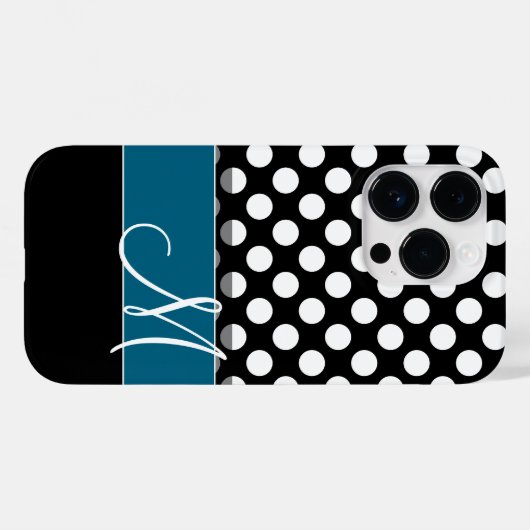 Schwarz-weißes Polka Dot Muster Blaues Monogramm Case-Mate iPhone Hülle (Rückseite (Horizontal))