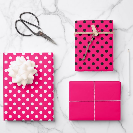 Schwarz-weißes Polka-Dottern-Muster in Pink Geschenkpapier Set (Vorderseite)