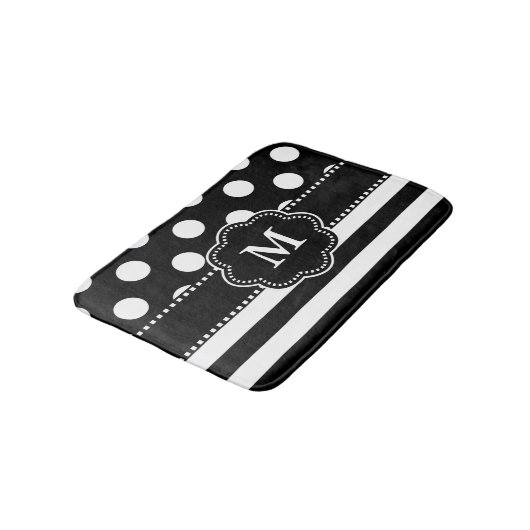 Schwarz-weißes Punkt-Streifen-Monogramm Badematte (Schrägansicht)