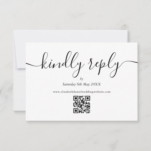 Schwarz-weißes QR-Code-Skript Hochzeitsschreiben RSVP Karte (Vorderseite)